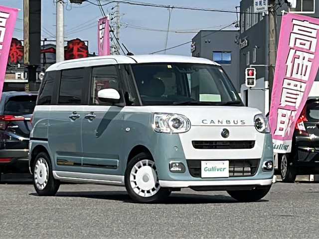 ダイハツ ムーヴ キャンバス ストライプス G 愛知県 2023(令5)年 1.9万km シャイニングホワイトパール/レイクブルーメタリック /禁煙/ワンオーナー/ディーラー整備記録簿R5.6.7//純正9インチディスプレイオーディオ/HDMI/USB/BT//フルセグ/AppleCarPlay/AndroidAuto//全方位カメラ/ETC/ディスプレイ連動純正ドラレコ//ワイヤレス充電//両側メモリ付きパワースライドドア//ステアリングスイッチ/シートヒーター//衝突契合機能/衝突回避支援ブレーキ機能//前後ブレーキ制御付き誤発進抑制機能//車線逸脱警報/路外逸脱警報/車線逸脱抑制制御機能//先行車発進告知/RSA/コーナーセンサー//アイドリングストップ//純正LEDオートライト/オートハイビーム//純正LEDフォグ//純正フロアマット//新車時保証書//取扱説明書//ドラレコ取扱説明書//ディスプレイオーディオ取扱説明書//スペアスマートキー有