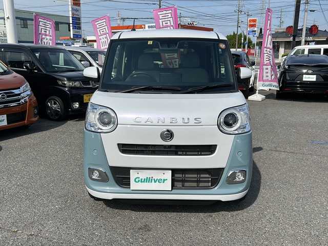 ダイハツ ムーヴ キャンバス ストライプス G 愛知県 2023(令5)年 1.9万km シャイニングホワイトパール/レイクブルーメタリック /禁煙/ワンオーナー/ディーラー整備記録簿R5.6.7//純正9インチディスプレイオーディオ/HDMI/USB/BT//フルセグ/AppleCarPlay/AndroidAuto//全方位カメラ/ETC/ディスプレイ連動純正ドラレコ//ワイヤレス充電//両側メモリ付きパワースライドドア//ステアリングスイッチ/シートヒーター//衝突契合機能/衝突回避支援ブレーキ機能//前後ブレーキ制御付き誤発進抑制機能//車線逸脱警報/路外逸脱警報/車線逸脱抑制制御機能//先行車発進告知/RSA/コーナーセンサー//アイドリングストップ//純正LEDオートライト/オートハイビーム//純正LEDフォグ//純正フロアマット//新車時保証書//取扱説明書//ドラレコ取扱説明書//ディスプレイオーディオ取扱説明書//スペアスマートキー有