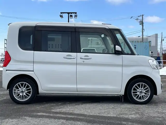 ダイハツ タント X ターボ SA 道央・札幌 2014(平26)年 9.3万km パールホワイトⅢ ４WD/スマートアシスト/社外SDナビ/CD/DVD/BT/フルセグ/衝突被害軽減ブレーキ/横滑り防止装置/バックカメラ/エコアイドル/片側パワースライドドア/ステアリングリモコン/プッシュスタート/スマートキー/LEDヘッドライト/オートライト/フォグランプ/ヘッドライトレベライザー/電動格納ミラー/純正フロアマット/ドアバイザー