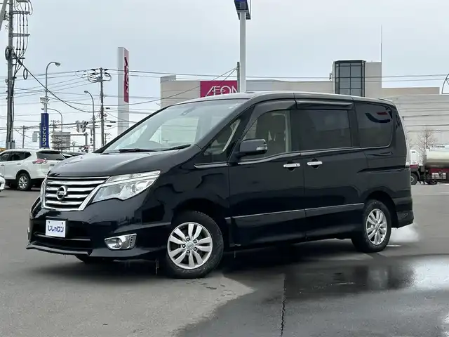 日産 セレナ ハイウェイスター 道北・旭川 2014(平26)年 12.4万km ダイヤモンドブラック (株)IDOMが運営する【じしゃロン旭川店】の自社ローン専用車両になります。こちらは現金またはオートローンご利用時の価格です。自社ローンご希望の方は別途その旨お申付け下さい/　/・純正ナビ（CD/DVD/HDD/SD/BT/フルセグ）/・バックカメラ/・ビルトインETC/・両側パワースライドドア/・クルーズコントロール/・レーダーブレーキ/・アイドリングストップ/・フォグランプ/・取扱説明書