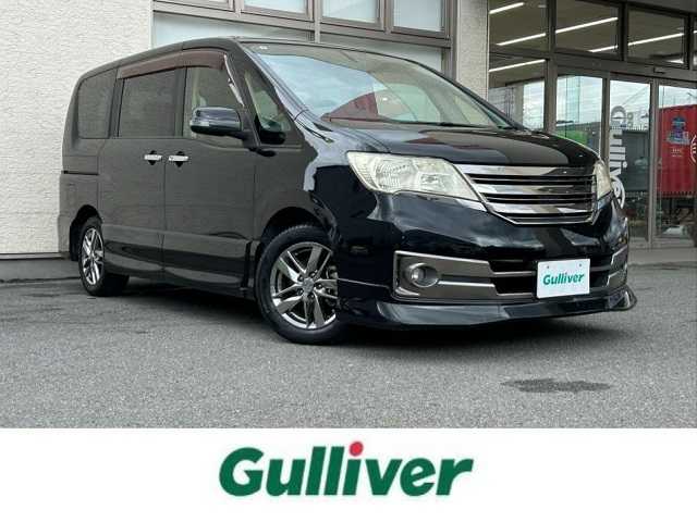 日産 セレナ ライダー ブラックライン 大阪府 2012(平24)年 15.1万km スーパーブラック 社外ナビ/（フルセグ／ＢＴ／ＣＤ／ＤＶＤ）/バックカメラ/後席用モニター/エアロパーツ/横滑り機能/３列シート/両側パワースライドドア/純正フロアマット/社外１６インチＡＷ/ドラレコ/ＥＴＣ