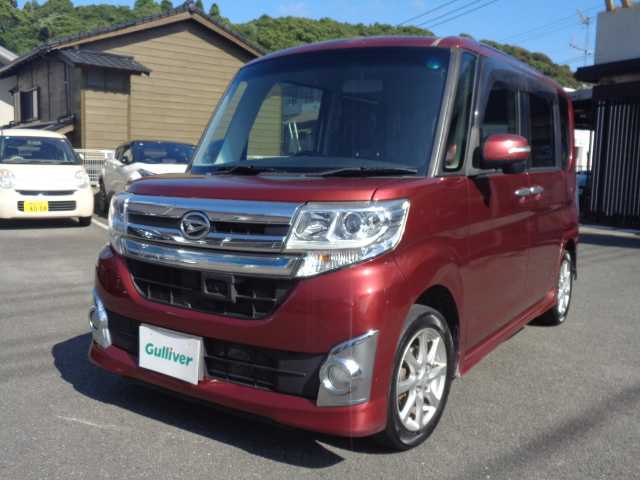 ダイハツ タント カスタム X トップED SA 鹿児島県 2015(平27)年 12.2万km ファイアークォーツレッドM ケンウッドフルセグＴＶナビゲーション（MDV-X702W)/ブルーツゥース．DVD. CD. SD録音再生．USBポート/バックカメラ/ステアリングリモコン/左リアドアパワースライドドア/右リアドアイージークロージャー/リアドア左右ロールシェイド/ハーフレザーシート/エコアイドル/リアシート左右独立スライドシート/運転席シートアジャスター（上下調整）/LEDオートライト/フロントLEDイルミネーション/プッシュスタート/スマートキーＸ1/取説．ナビ取説有り