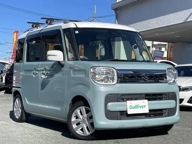 スズキ スペーシア HYBRID X 熊本県 2018(平30)年 12.1万km オフブルーメタリック/ホワイト2トーン 社外ナビ（MDV-L401）/【ワンセグTV/CD/DVD】/バックカメラ/両側パワースライドドア/衝突軽減防止装置/レーンキープアシスト/コーナーセンサー（後ろ）/ルーフレール/オートLEDライト/ウィンカーミラー/ドライブレコーダー（社内、前）/ETC/ベンチシート/D席シートヒーター/純正フロアマット/純正ドアバイザー/横滑り防止装置/ABS