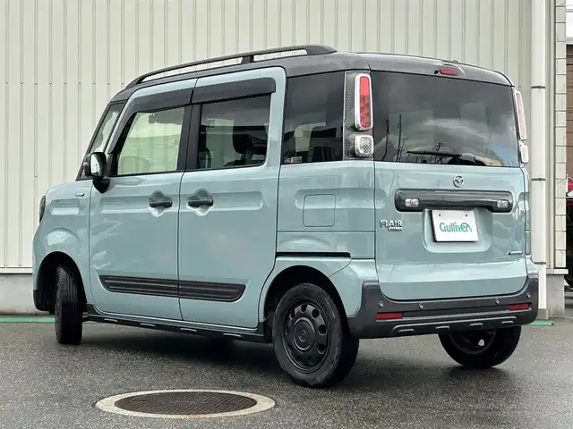 マツダ フレアワゴンタフスタイル ハイブリッドXS 富山県 2021(令3)年 5.9万km ベネチアンミストブルー 社外SDナビ(CN-RZ765W)/(AM/FM/CD/DVD/BT/USB)/フルセグTV/ルーフレール/レーダークルーズコントロール/レーンキープアシスト/衝突軽減システム/コーナーセンサー/オートマチックハイビーム/横滑り防止装置/盗難防止装置/前後ドライブレコーダー/両側パワースライドドア/シートヒーター　運転席＋助手席/ベンチシート/ルーフレール/LEDライト/フォグランプ/スマートキー×1/取扱説明書/保証書
