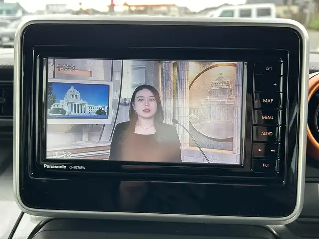 マツダ フレアワゴンタフスタイル ハイブリッドXS 富山県 2021(令3)年 5.9万km ベネチアンミストブルー 社外SDナビ(CN-RZ765W)/(AM/FM/CD/DVD/BT/USB)/フルセグTV/ルーフレール/レーダークルーズコントロール/レーンキープアシスト/衝突軽減システム/コーナーセンサー/オートマチックハイビーム/横滑り防止装置/盗難防止装置/前後ドライブレコーダー/両側パワースライドドア/シートヒーター　運転席＋助手席/ベンチシート/ルーフレール/LEDライト/フォグランプ/スマートキー×1/取扱説明書/保証書