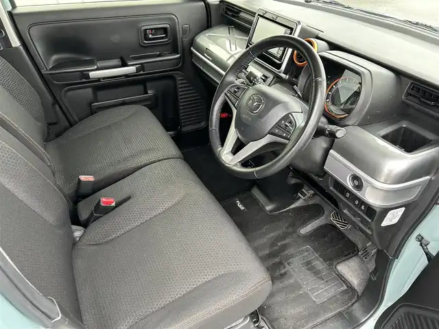 マツダ フレアワゴンタフスタイル ハイブリッドXS 富山県 2021(令3)年 5.9万km ベネチアンミストブルー 社外SDナビ(CN-RZ765W)/(AM/FM/CD/DVD/BT/USB)/フルセグTV/ルーフレール/レーダークルーズコントロール/レーンキープアシスト/衝突軽減システム/コーナーセンサー/オートマチックハイビーム/横滑り防止装置/盗難防止装置/前後ドライブレコーダー/両側パワースライドドア/シートヒーター　運転席＋助手席/ベンチシート/ルーフレール/LEDライト/フォグランプ/スマートキー×1/取扱説明書/保証書