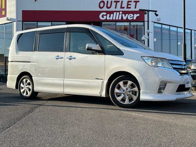 日産 セレナ ハイウェイスター S HV エアロ 宮城県 2013(平25)年 13.5万km ブリリアントホワイトパール 登録時走行距離135038km/AM/FM・BT・TV・USB・iPod・HDMI・AUX・DVD/エンジンスターター/電動格納ミラー/フォグランプ/ドアバイザー