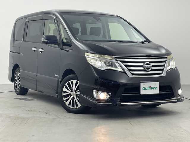 日産 セレナ ハイウェイS S HV Aセーフ 愛知県 2015(平27)年 9.8万km ダイヤモンドブラック 純正8インチナビMM514D-L/CD DVD BT SD フルセグＴＶ　FM AM　/純正フリップダウンモニター　/エマージェンシーブレーキ/アラウンドビューモニター　/ＥＴＣ　/両側パワースライドドア　/クルーズコントロール　/ＬＥＤオートヘッドライト　/レーンキープアシスト/コーナーセンサー　/電動格納ウインカーミラー/ロールサンシェード/シートバックテーブル/純正フロアマット/純正ドアバイザー/スマートキー/スペアキー