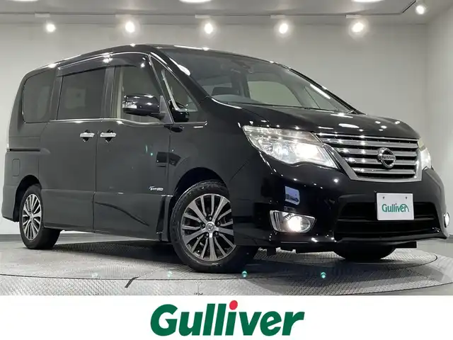 日産 セレナ ハイウェイスター Sハイブリッド 愛知県 2014(平26)年 8万km ダイヤモンドブラック 純正ＳＤナビ　/(Bluetooth/フルセグTV/SD/CD・DVD再生/iPod)/純正フリップダウンモニター　/両側パワースライドドア　/ビルトインＥＴＣ　/レザー調シートカバー　/バックカメラ　/ドライブレコーダー　/ＬＥＤヘッドライト　/クルーズコントロール　/フォグランプ/純正15インチアルミホイール/純正フロアマット/プッシュスタート/　　-スマートキー