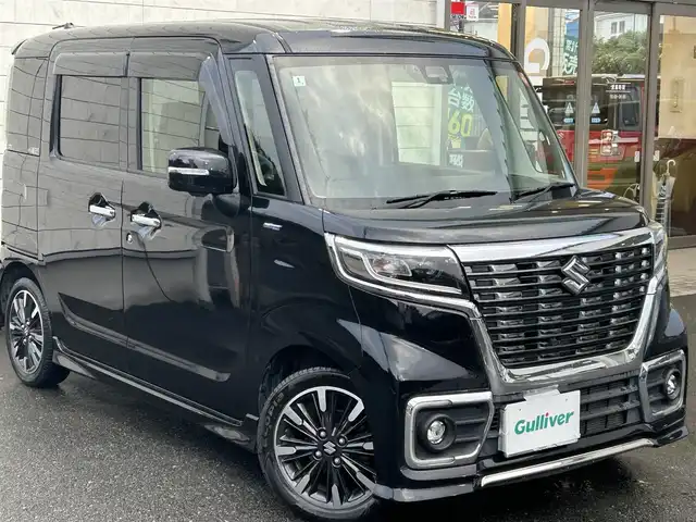 スズキ スペーシア カスタム HYBRID XS 埼玉県 2020(令2)年 10.4万km ブルーイッシュブラックパール3 ワンオーナー/スズキセーフティサポート/純正ナビ（フルセグTV/AM/FM/BT）/B/F/S/全方位カメラ/レーンキープアシスト/両側電動スライドドア/純正フロアマット/純正15インチアルミホイール/コーナーセンサー後/ハーフレザーシート/シートヒーター(D)/HUD/純正LEDヘッドライト/純正LEDフォグランプ/純正ドアバイザー/ビルトインETC/ドライブレコーダー（前）/革巻きステアリング/ステアリングスイッチ/アイドリングストップ機能/電動格納ミラー/ウィンカーミラー/スマートキー/プッシュスタートボタン/車両取扱説明書/保証書