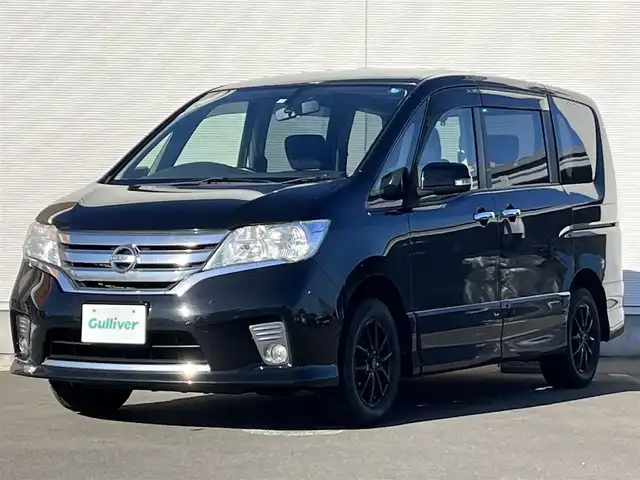 日産 セレナ ハイウェイスター Vセレクション 秋田県 2013(平25)年 8.9万km スーパーブラック ４WD/純正ナビ・フルセグテレビ・CD・DVD再生・Bluetooth接続・USB・AMFMチューナー/バックカメラ/ETC/プッシュスタート・スマートキー/両側パワースライドドア/後席用モニター/純正サマータイヤ積込み/純正フロアマット/ウィンカーミラー/ドアバイザー/電路ミラー/LEDヘッドライト・フォグランプ