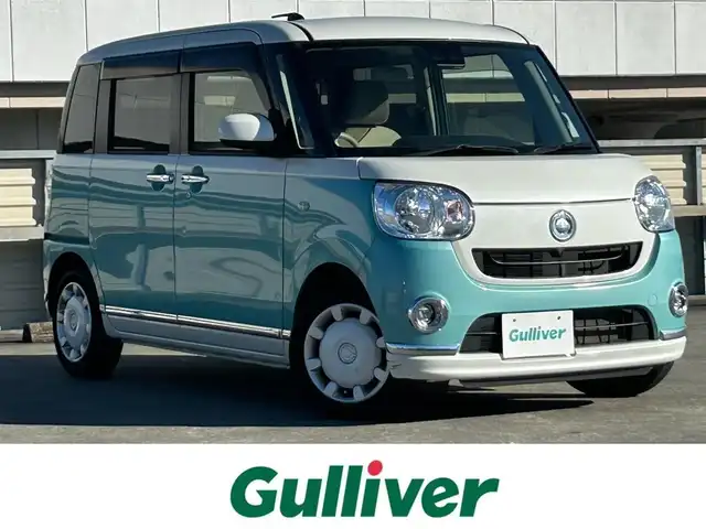 ダイハツ ムーヴ キャンバス X メイクアップ リミテッド SAⅢ 静岡県 2019(平31)年 3.5万km パールホワイトⅢ/ファインミントメタリック 2トーン スマートアシストIII/・衝突回避支援ブレーキ機能/・衝突警報機能/・誤発進抑制機能(前方＋後方)/・車線逸脱警報機能/・先行車発進お知らせ機能/・オートハイビーム/純正8インチナビ/FM/AM/CD/DVD/Bluetooth/SD/フルセグTV/両側パワースライドドア/全周囲カメラ/ベンチシート/フルフラットシート/オートライト