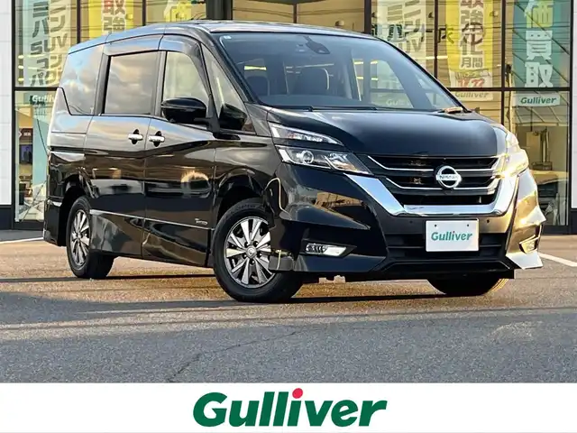 日産 セレナ ハイウェイスター Vセレクション 岡山県 2017(平29)年 8.7万km ダイヤモンドブラック 登録時走行距離87688Km/純正９インチナビ/フルセグTV（AM.FM.CD.DVD.BT.TV）/純正フリップダウンモニター/アラウンドビューモニター/パーキングアシスト/ビルトインETC/純正ドライブレコーダー/両側パワースライドドア/ハンドフリーオートスライドドア/エマージェンシーブレーキ/横滑り防止装置/クルーズコントロール/I-STOP/インテリジェントキー/LEDヘッドライト/オートライト/横南防止装置/純正15インチAW