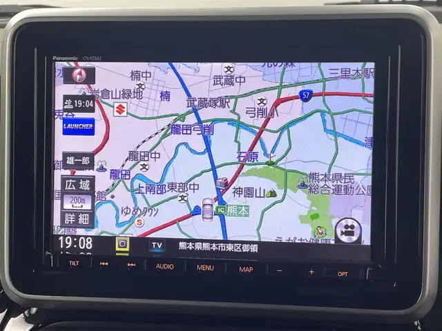 スズキ スペーシア カスタム HYBRID XS 熊本県 2019(令1)年 3.4万km ブルーイッシュブラックパール3 ワンオーナー　/禁煙車　/全周囲カメラ　/社外前方ドライブレコーダーCA-DR025D/純正9インチナビCN-RZ843（ＣＤ・ＤＶＤ・フルセグ・ＢＴ・ＳＤ・ｉｐｏｄ）/USB入力端子/ＥＴＣ　/両側パワースライドドア　/後ろのみコーナーセンサー　/スズキセーフティサポート/・デュアルセンサーブレーキサポート/・車線維持支援システム/・車線逸脱抑制機能/・標識認識システム/・ヘッドアップディスプレイ/・誤発進抑制機能/・発進お知らせ機能/・後方誤発進抑制機能/・ふらつき警報機能/・ハイビームアシスト/横滑り防止/アイドリングストップ/運転席シートヒーター/純正フロアマット/純正１５インチAW/オートライト/LEDヘッドライト/フォグライト/スマートキー/プッシュスタート/スペアキー1本/保証書/取扱説明書