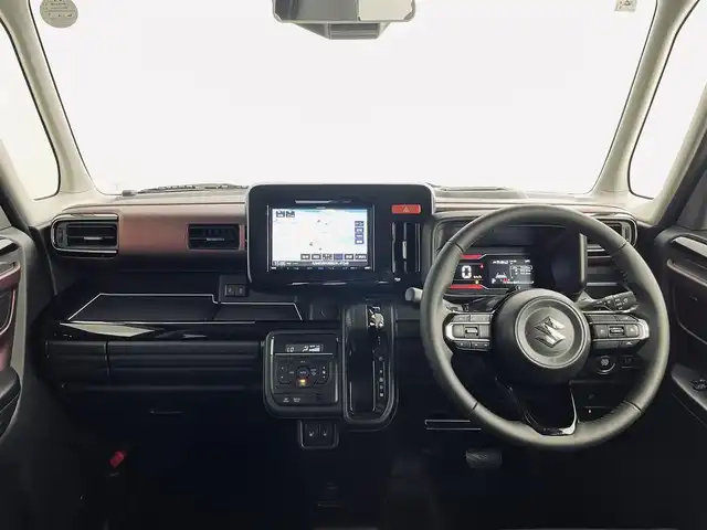 スズキ スペーシア カスタム HYBRID XS ターボ 道央・札幌 2024(令6)年 0.8万km ブルーイッシュブラックパール3 ・4WD/・デュアルセンサーブレーキサポートII/・レーダークルーズコントロール/・両側PSドア/・社外メモリーナビ（SKX-S807）/　CD/DVD/SD/USB/Bt/iPod/フルセグ/・LEDヘッドライト/・オートハイビーム/・オートライト/・HUD/・黒ハーフレザーシート/・シートヒーター（D/N）/・ステアリングヒーター/・前後コーナーセンサー/・パドルシフト/・オートブレーキホールド/・ビルトインETC/・ヘッドライトレベライザー/・スマートキー/・プッシュスタート/・純正15inchアルミ/・保証書（有）/・社外マフラー（柿本改 GT box 06＆S）