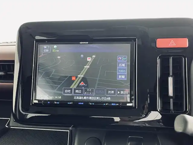 スズキ スペーシア カスタム HYBRID XS ターボ 道央・札幌 2024(令6)年 0.8万km ブルーイッシュブラックパール3 ・4WD/・デュアルセンサーブレーキサポートII/・レーダークルーズコントロール/・両側PSドア/・社外メモリーナビ（SKX-S807）/　CD/DVD/SD/USB/Bt/iPod/フルセグ/・LEDヘッドライト/・オートハイビーム/・オートライト/・HUD/・黒ハーフレザーシート/・シートヒーター（D/N）/・ステアリングヒーター/・前後コーナーセンサー/・パドルシフト/・オートブレーキホールド/・ビルトインETC/・ヘッドライトレベライザー/・スマートキー/・プッシュスタート/・純正15inchアルミ/・保証書（有）/・社外マフラー（柿本改 GT box 06＆S）