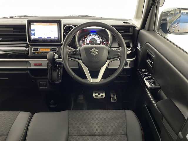スズキ スペーシア カスタム HYBRID XS 宮崎県 2019(平31)年 6.1万km ブルーイッシュブラックパール3 禁煙車/衝突被害軽減ブレーキ/社外8型ナビTV/（カロッツェリア/AVIC-RLS901/CD/DVD/Bluetooth/フルセグTV)/社外ドライブレコーダー/純正LEDオートライト/純正LEDフォグ/純正15インチアルミ/純正エアロ/純正ルーフエンドスポイラー/純正セキュリティアラーム/純正フロアマット/両側電動スライドドア/クリアランスソナー/レーンディパーチャーアラート/エネチャージ/ウインカードアミラー/リアサーキュレーター/オートエアコン/ハーフレザーシート/シートヒーター/ピアノブラックパネル/本革巻ハンドル/スマートキー/プッシュエンジンスタート
