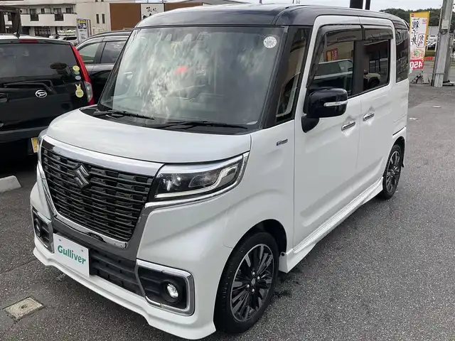 スズキ スペーシア カスタム HYBRID XS ターボ 滋賀県 2020(令2)年 4.7万km ピュアホワイトパール/ブラック2トーン ターボ車/スズキセーフティサポート/パナソニック7インチナビ/Bluetooth、CD、DVD、フルセグテレビ/バックカメラ/360°ドライブレコーダー/両側パワースライドドア/ETC/ハーフレザーシート/前席シートヒーター/純正15インチアルミホイール/スペアキー有り/取扱説明書/保証書