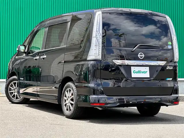 日産 セレナ HWS S HV Vセレ +SeftyⅡ 宮城県 2016(平28)年 4.6万km ダイヤモンドブラック ワンオーナー車/エマージェンシーブレーキ/車線逸脱警報/踏み間違い衝突防止アシスト/ふらつき警報/コーナーセンサー/アラウンドビューモニター/純正フリップダウンモニター/純正ナビ（MC315D-W）/・CD/DVD/・Bluetooth/・フルセグTV/ETC/両側パワースライドドア/革巻きステアリング/クルーズコントロール/ステアリングスイッチ/LEDヘッドライト/フォグランプ/オートライト/スマートキー＆プッシュスタート/スペアキー/電動格納ミラー/社外15インチAW（スタッドレス）/純正16インチAW（サマー）車載/純正フロアマット/ドアバイザー/Wエアバッグ/取扱説明書/保証書