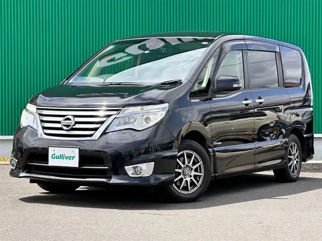 日産 セレナ HWS S HV Vセレ +SeftyⅡ 宮城県 2016(平28)年 4.6万km ダイヤモンドブラック ワンオーナー車/エマージェンシーブレーキ/車線逸脱警報/踏み間違い衝突防止アシスト/ふらつき警報/コーナーセンサー/アラウンドビューモニター/純正フリップダウンモニター/純正ナビ（MC315D-W）/・CD/DVD/・Bluetooth/・フルセグTV/ETC/両側パワースライドドア/革巻きステアリング/クルーズコントロール/ステアリングスイッチ/LEDヘッドライト/フォグランプ/オートライト/スマートキー＆プッシュスタート/スペアキー/電動格納ミラー/社外15インチAW（スタッドレス）/純正16インチAW（サマー）車載/純正フロアマット/ドアバイザー/Wエアバッグ/取扱説明書/保証書