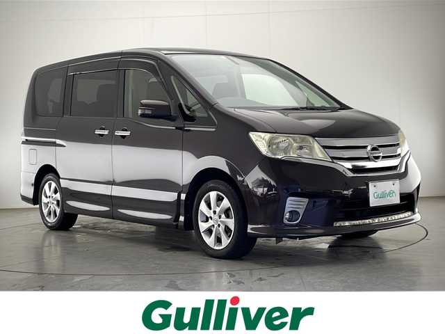 日産 セレナ ハイウェイスター Vセレクション 宮崎県 2012(平24)年 9.3万km オーロラモーヴ 禁煙車/純正ビルトイン8型ナビTV/（CN-L800SED/CD/DVD/Bluetooth/フルセグTV）/純正バックカメラ/純正キセノンオートライト/純正フォグ/純正エアロ/純正16インチアルミ/純正フロアマット/社外リアフリップダウンモニター/（アルパイン）/両側電動スライドドア/クルーズコントロール/Wオートエアコン/ウインカードアミラー/ETC/インテリジェントキー/プッシュエンジンスタート
