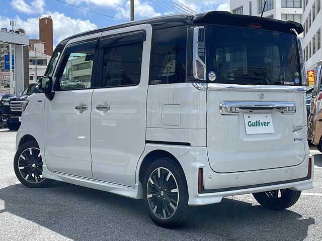 スズキ スペーシア カスタム HYBRID XS 沖縄県 2018(平30)年 3.9万km ピュアホワイトパール/ブラック2トーン 純正オプションナビ/フルセグTV/オーディオ（Bluetooth、CD、DVD、USB）/全方位カメラ・バックカメラ/両側パワースライドドア/ETC/ドライブレコーダー/シートヒーター/リアパーキングセンサー/LEDヘッドライト/オートライト/フォグライト/レーンキープアシスト/リアサーキュレーター/リアロールサンシェード/ステアリングスイッチ/ウィンカードアミラー/スマートキー/アイドリングストップ/USB入力端子