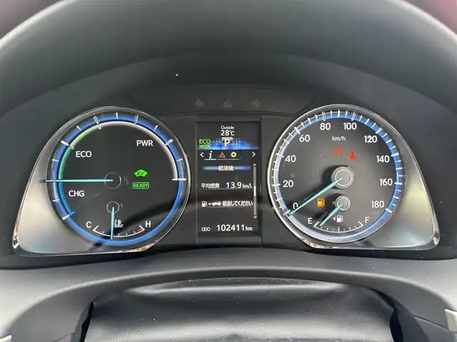 トヨタ ハリアー ハイブリッド エレガンス 愛知県 2014(平26)年 10.3万km ホワイトパールクリスタルシャイン 4WD/社外フローティング9型ナビ（CN-F1DVD）/CD/DVD/SD/BT/USB/フルセグTV/バックカメラ/ETC/ドラレコ/ハーフレザーシート/パワーシート/ステアリングスイッチ/純正ドアバイザー/純正フロアマット/スマートキー×2