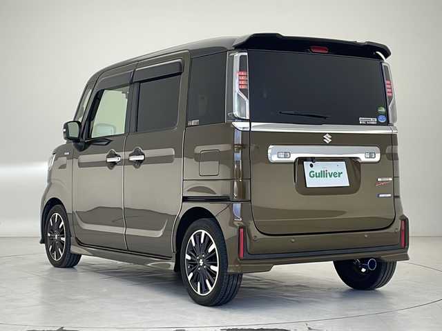 スズキ スペーシア カスタム HYBRID XS ターボ 沖縄県 2018(平30)年 7.7万km ブレイブカーキパール/ブラック2トーン 社外ディスプレイオーディオ（カロッツェリアFH-8500DVS）　/Ｂｌｕｅｔｏｏｔｈ/ＤＶＤ/ＣＤ/ＵＳＢ/ETC/バックカメラ/両側パワースライドドア/ドライブレコーダー（ケンウッドDRV-320）/ＬＥＤヘッドライト/リアコーナーセンサー/シートヒーター/ハーフレザーシート/パドルシフト/クルーズコントロール/純正アルミホイール
