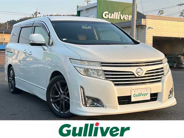 日産 エルグランド 250HWS アーバンクロム 山口県 2012(平24)年 7.3万km ブリリアントホワイトパール 禁煙車/スマートキー/プッシュスタート/純正メモリナビ/(CD/DVD/BT/USB/フルセグ)/バックカメラ/ビルトインETC/ALPINEフリップダウンモニター/両側パワースライドドア/コーナーセンサー/オートライト/HIDヘッドライト/フォグランプ/純正エアロ/純正アルミホイール/純正フロアマット/取扱説明書/保証書/記録簿