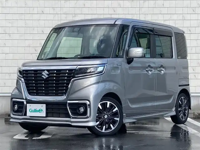 スズキ スペーシア カスタム HYBRID XS ターボ 静岡県 2018(平30)年 5.1万km スチールシルバーM スズキセーフティサポート/純正8インチナビ(CN-RZ843)/　AM FM CD DVD Bluetooth USB SD/ETC/LEDオートヘッドランプ/レーダークルーズコントロール/ハーフレザーシート/シートヒーター(運転席)/両側パワースライドドア/リアクリアランスソナー/純正15インチアルミホイール/スマートキー＆プッシュスタート/パドルシフト/リアサンシェード/フルセグTV/バックモニター