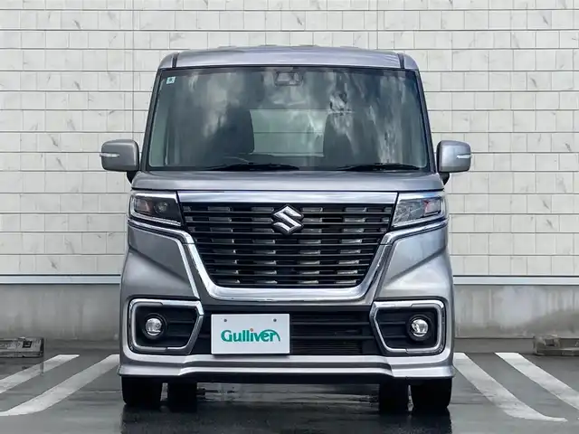 スズキ スペーシア カスタム HYBRID XS ターボ 静岡県 2018(平30)年 5.1万km スチールシルバーM スズキセーフティサポート/純正8インチナビ(CN-RZ843)/　AM FM CD DVD Bluetooth USB SD/ETC/LEDオートヘッドランプ/レーダークルーズコントロール/ハーフレザーシート/シートヒーター(運転席)/両側パワースライドドア/リアクリアランスソナー/純正15インチアルミホイール/スマートキー＆プッシュスタート/パドルシフト/リアサンシェード/フルセグTV/バックモニター