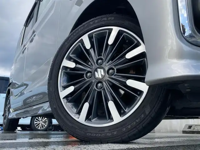 スズキ スペーシア カスタム HYBRID XS ターボ 静岡県 2018(平30)年 5.1万km スチールシルバーM スズキセーフティサポート/純正8インチナビ(CN-RZ843)/　AM FM CD DVD Bluetooth USB SD/ETC/LEDオートヘッドランプ/レーダークルーズコントロール/ハーフレザーシート/シートヒーター(運転席)/両側パワースライドドア/リアクリアランスソナー/純正15インチアルミホイール/スマートキー＆プッシュスタート/パドルシフト/リアサンシェード/フルセグTV/バックモニター