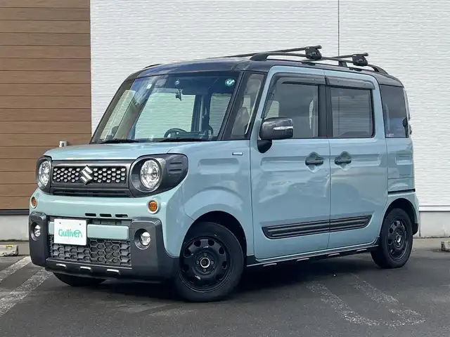 スズキ スペーシア ギア HYBRID XZ 秋田県 2019(平31)年 4.1万km オフブルーメタリック/ガンメタリック2トーンルーフ ４WD/衝突軽減システム/LEDヘッドライト/両側パワースライドドア/社外カーオーディオ（CD/BT/AM/FM）/スマートキー/アイドリングストップ/プッシュスタート/レーンキープアシスト/オートマチックハイビーム/コーナーセンサー/ステアリングスイッチ/前席シートヒーター/ビルトインETC/ドライブレコーダー/ルーフレール/ルーフキャリア/純正フロアマット/社外ドアバイザー/オートライト/オートエアコン/パワーステアリング/パワーウィンドウ/横滑り防止/盗難防止装置/寒冷地仕様/電動格納ウィンカーミラー