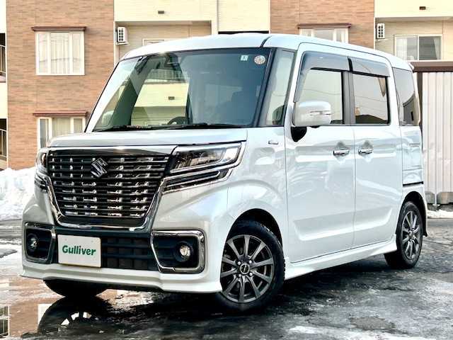 スズキ スペーシア カスタム HYBRID XS ターボ 道東・釧路十勝 2018(平30)年 11.9万km ピュアホワイトP 4WD/両側パワースライドドア/衝突被害軽減ブレーキ/社外メモリナビ/　(Bluetooth/CD/DVD/SDミュージックサーバー/USB/フルセグTV)/ヘッドアップディスプレイ/バックカメラ/ルームミラー型前後ドライブレコーダー/ターボ/MTモード付AT/パドルシフト/横滑り防止装置/クルーズコントロール/前後コーナーセンサー/レーンキープアシスト/PWRモード/前席シートヒーター/ミラーヒーター/オートエアコン/スリムサーキュレーター/純正LEDヘッドライト/オートライト/純正フォグランプ/アイドリングストップ/ステアリングリモコン/革巻きステアリング/ハーフレザーシート/純正フロアマット/純正ドアバイザー/後席サンシェード/電動格納ウィンカーミラー/ABS/盗難防止装置/エンジンスタートボタン/スマートキー/保証書/記録簿　(R4/5/6)