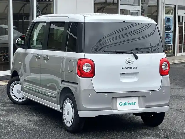 ダイハツ ムーヴ キャンバス ストライプス G 山口県 2025(令7)年 0.1千km シャイニングホワイトパール/スムーズグレーマイカメタリック 純正LEDヘッドライト/純正LEDフォグ/両側パワースライド/スマートキー/エンジンプッシュスタート/オートライト/フロントシートヒーター/スペアキー（1個）あり