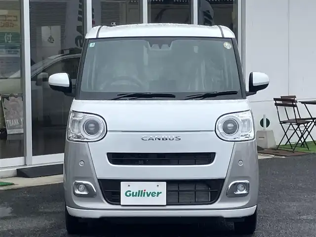 ダイハツ ムーヴ キャンバス ストライプス G 山口県 2025(令7)年 0.1千km シャイニングホワイトパール/スムーズグレーマイカメタリック 純正LEDヘッドライト/純正LEDフォグ/両側パワースライド/スマートキー/エンジンプッシュスタート/オートライト/フロントシートヒーター/スペアキー（1個）あり