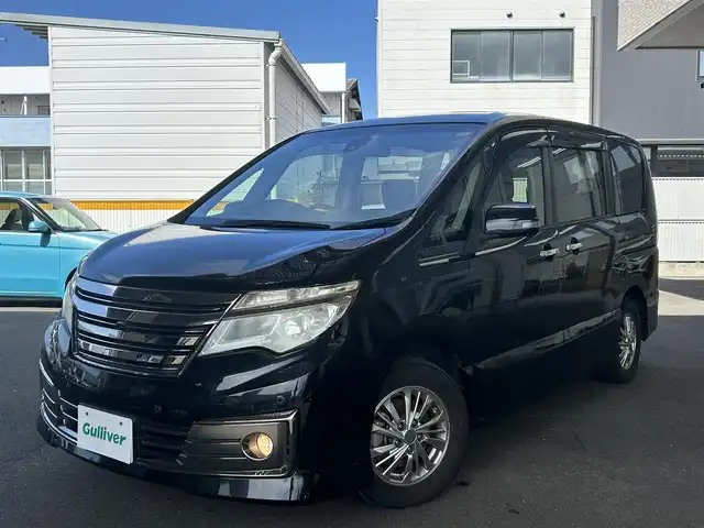 日産 セレナ ライダー Bライン Aセーフティ 宮城県 2014(平26)年 9.5万km ダイヤモンドブラック 登録時走行距離９４７９６km/・純正ナビ/・フルセグテレビ/・衝突軽減ブレーキ/・アラウンドビューモニター/・フリップダウンモニター/・両側パワースライドドア/・コーナーセンサー/・クルーズコントロール/・Bluetooth/・プッシュスタート/・スマートキー/・純正アルミホイール/・純正フロアマット/・ドアバイザー/・後席サンシェイド