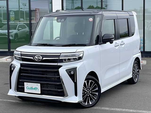 ダイハツ タント カスタム RS 道東・釧路十勝 2023(令5)年 0.8万km ブラックマイカメタリック/シャイニングホワイトパール ・４WD/・純正10インチナビ/（CD・DVD・AM・FM・SD・フルセグ）/・全方位モニター/・両側パワースライドドア/・純正アルミホイール/・コーナーセンサー前後/・衝突被害軽減ブレーキ/・レーンキープアシスト/・LEDヘッドライト/・ハーフレザーシート/・前席シートヒーター/・オートライト/・オートマチックハイビーム/・ステアリングスイッチ/・ドアバイザー/・リアサンシェード/・スマートキー/・プッシュスタート/・純正フロアマット