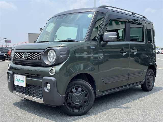 マツダ フレアワゴンタフスタイル ハイブリッドXT 奈良県 2021(令3)年 5.6万km 緑 ターボ/両側パワースライドドア/Panasonicナビ(フルセグTV/CD/DVD/AM・FM/BT)/アラウンドビューモニター/ETC/クルーズコントロール/衝突被害軽減ブレーキ/ペダル踏み間違い時加速抑制機能/車線逸脱警報機能/パドルシフト/シートヒーター(D/N席)/本革巻きステアリング/後席サンシェード/純正フロアマット/スペアキー/社外サスペンション装着/マフラーカッター装着