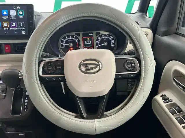 ダイハツ ムーヴ キャンバス ストライプス G ターボ 鹿児島県 2022(令4)年 2.9万km シャイニングホワイトパール/レイクブルーメタリック ワンオーナー　/禁煙車　/純正ディスプレイオーディオ　/全方位カメラ　/スマートアシスト　/・衝突警報/・衝突回避ブレーキ/・誤発進抑制機能（前後）/・車線逸脱警報/・先行車発進お知らせ機能/両側パワースライドドア　/前後コーナーセンサー　/前席シートヒーター　/ホッとカップホルダー/置くだけ充電/純正フロアマット　/ＬＥＤヘッドライト　/ＥＴＣ　/前後ドライブレコーダー/オートライト/オートマチックハイビーム/ドアバイザー