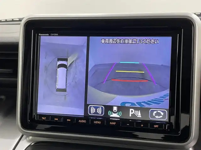 スズキ スペーシア ギア HYBRID XZターボ 岡山県 2021(令3)年 6.7万km シフォンアイボリーM 純正８インチナビ　(CN-RZ866)/【CD/DVD/BT/USB/フルセグ】/全方位カメラ　/両側電動スライド　/レーダークルーズコントロール　/ビルトインＥＴＣ　/シートヒーター　前席/ＬＥＤヘッドライト　/コーナーセンサー　後/オートハイビーム　/ルーフレール　/フォグランプ/禁煙車/アイドリングストップ/パドルシフト/純正フロアマット