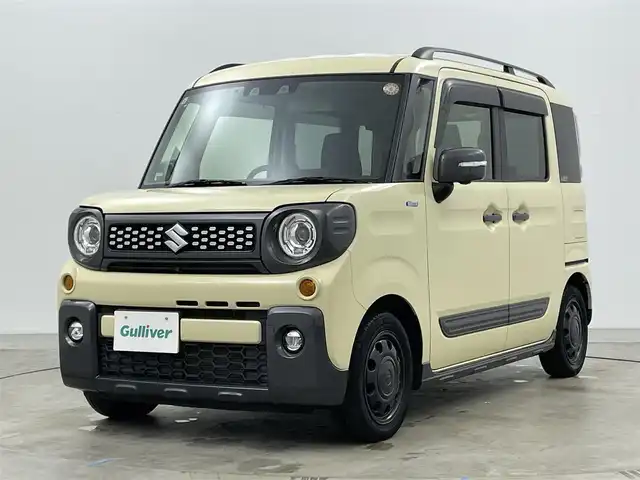 スズキ スペーシア ギア HYBRID XZターボ 岡山県 2021(令3)年 6.7万km シフォンアイボリーM 純正８インチナビ　(CN-RZ866)/【CD/DVD/BT/USB/フルセグ】/全方位カメラ　/両側電動スライド　/レーダークルーズコントロール　/ビルトインＥＴＣ　/シートヒーター　前席/ＬＥＤヘッドライト　/コーナーセンサー　後/オートハイビーム　/ルーフレール　/フォグランプ/禁煙車/アイドリングストップ/パドルシフト/純正フロアマット
