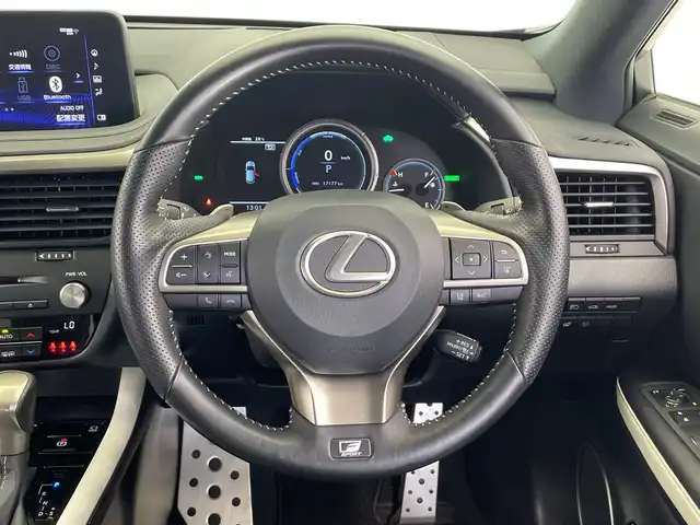 レクサス ＲＸ 450h Fスポーツ 栃木県 2022(令4)年 1.8万km ディープブルーマイカ 4WD/純正ナビ/(フルセグTV・Bluetooth・CD・DVD・USB)/全方位カメラ/バックカメラ/ムーンルーフ/レクサスセーフティシステム+/ ・衝突軽減システム/ ・レーンキープアシスト/ ・オートクルーズコントロール/ ・オートハイビーム/前後コーナーセンサー/ヘッドアップディスプレイ/ブラインドスポットモニター/電動リアゲート　/前席パワーシート/本革シート/前席シートヒーター・シートクーラー/トノカバー/LEDヘッドライト/オートライト/フロントフォグランプ/純正アルミホイール/純正フロアマット/スマートキー/スペアキー1本/禁煙車/取扱説明書/保証書