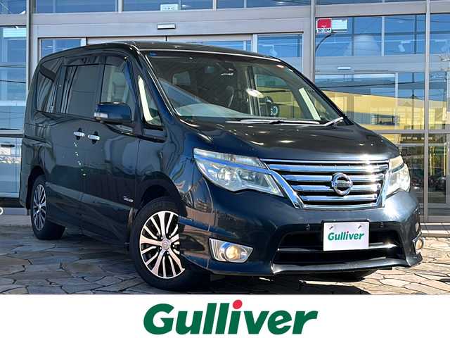 日産 セレナ HWS S HV Vセレ +Sefty 静岡県 2015(平27)年 10万km ダイヤモンドブラック 純正ナビ/ipod/SD/USB/CD/DVD/Bluetooth/ラジオ/フルセグTV/主要装備/・クルーズコントロール　/・全方位カメラ　/・両側パワースライドドア　/・ＥＴＣ　/・アイドリングストップ　/・フリップダウンモニター/・プッシュスタート　/・ＬＥＤヘッドライト　/・フォグランプ　/・衝突軽減システム/・レーンキープ/・盗難防止装置/・スマートキー/・純正アルミホイール/・純正フロアマット