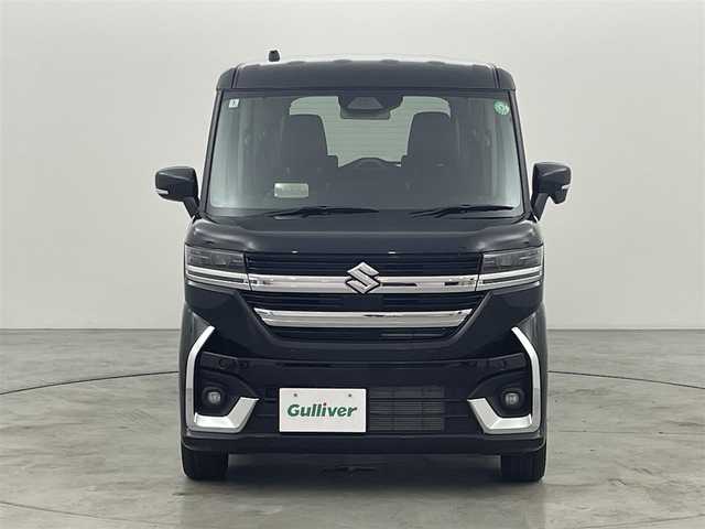 スズキ スペーシア カスタム HYBRID XS 福岡県 2024(令6)年 0.1千km ブルーイッシュブラックパール3 登録届出済未使用車　/社外８型ナビ　/フルセグTV/バックカメラ　/アダプティブクルーズコントロール　/コーナーセンサー　/デュアルセンサーブレーキサポート　/標識認識　/先行車発進お知らせ　/両側電動スライドドア　/ハーフレザーシート　/シートヒーター　/ステアリングリモコン　/ステアリングヒーター　/ＨＵＤ　/純正１５インチアルミホイール　/LEDヘッドライト