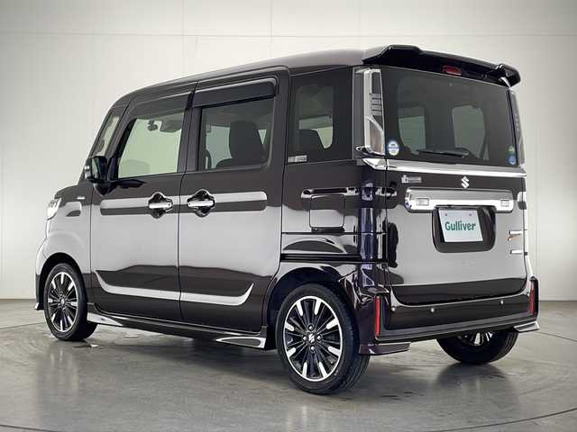 スズキ スペーシア カスタム HYBRID XS 宮崎県 2018(平30)年 4.3万km ムーンライトバイオレットPM 禁煙車/衝突被害軽減ブレーキ/社外ナビTV/（Panasonic/CN-RZ743W/CD/DVD/Bluetooth/フルセグTV)/純正ドライブレコーダー/純正LEDオートライト/純正LEDフォグ/純正15インチアルミ/純正エアロ/純正ルーフエンドスポイラー/純正セキュリティアラーム/純正フロアマット/全方位モニター/両側電動スライドドア/ヘッドアップディスプレイ/レーンディパーチャーアラート/クリアランスソナー/エネチャージ/シートヒーター/ハーフレザーシート/本革巻ハンドル/スマートキー/プッシュエンジンスタート/新車時保証書/取扱い説明書