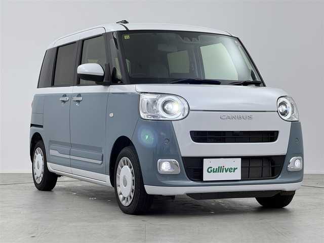 ダイハツ ムーヴ キャンバス ストライプス G 愛知県 2023(令5)年 0.6万km シャイニングホワイトパール/レイクブルーメタリック 社外ナビ/フルセグTV/Bluetooth/プッシュスタート/両側パワースライド/LEDライト/フォグランプ/USBポート/ブレーキホールド/シートヒーター/ステアリングリモコン