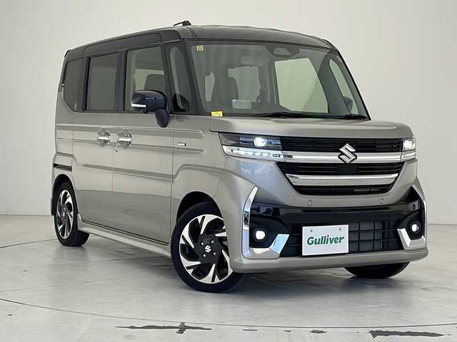 スズキ スペーシア カスタム HYBRID XS 沖縄県 2023(令5)年 0.3万km スチールシルバーメタリック/ブルーイッシュブラックパール 純正９型ナビ　/(フルセグＴＶ　ＤＶＤ再生　ＢＴ接続)/アラウンドビューモニター　/両側パワスラ　/前後クリアランスソナー　/ステアリングヒーター　/前席シートヒーター　/ハーフレザーシート　/オートブレーキホールド