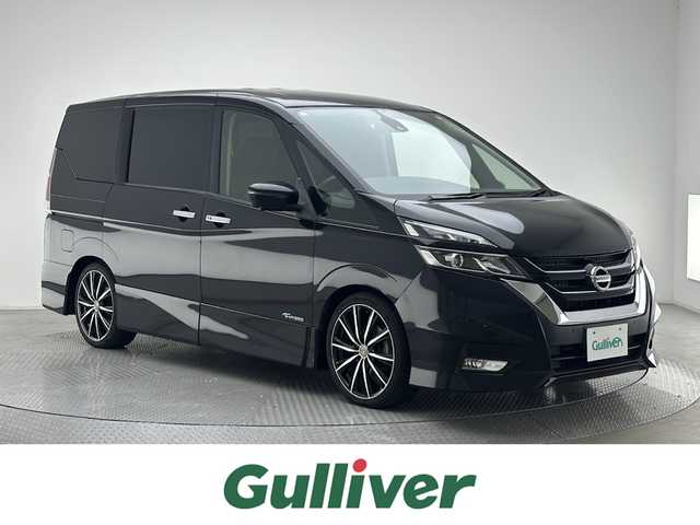 日産 セレナ ハイウェイスター 兵庫県 2017(平29)年 7.6万km ダイヤモンドブラック 純正SDナビ（MM５１６D-L）/（CD、DVD、BD、SD、BT、フルセグ）/両側パワースライドドア/アイドリングストップ/コーナーセンサー/クルーズコントロール/アラウンドビューモニター/エマージェンシーブレーキ/パーキングアシスト/LDW/標識検知/純正フリップダウンモニター/ETC/R・S.Rダウンサス/社外18インチAW/LEDフォグランプ/スペアキー×１/純正フロアマット