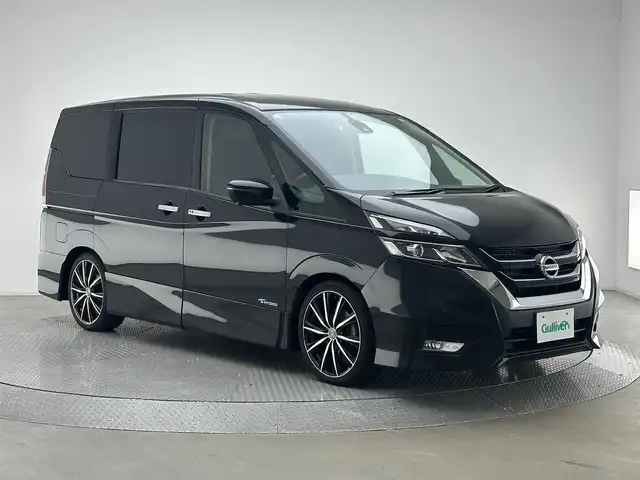 日産 セレナ ハイウェイスター 兵庫県 2017(平29)年 7.6万km ダイヤモンドブラック 純正SDナビ（MM５１６D-L）/（CD、DVD、BD、SD、BT、フルセグ）/両側パワースライドドア/アイドリングストップ/コーナーセンサー/クルーズコントロール/アラウンドビューモニター/エマージェンシーブレーキ/パーキングアシスト/LDW/標識検知/純正フリップダウンモニター/ETC/R・S.Rダウンサス/社外18インチAW/LEDフォグランプ/スペアキー×１/純正フロアマット